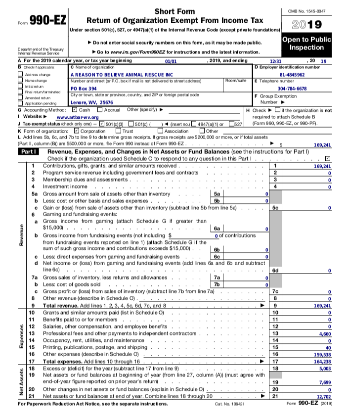 ARTBAR 2019 Form 990 EZ A Reason To Believe Animal Rescue Inc 